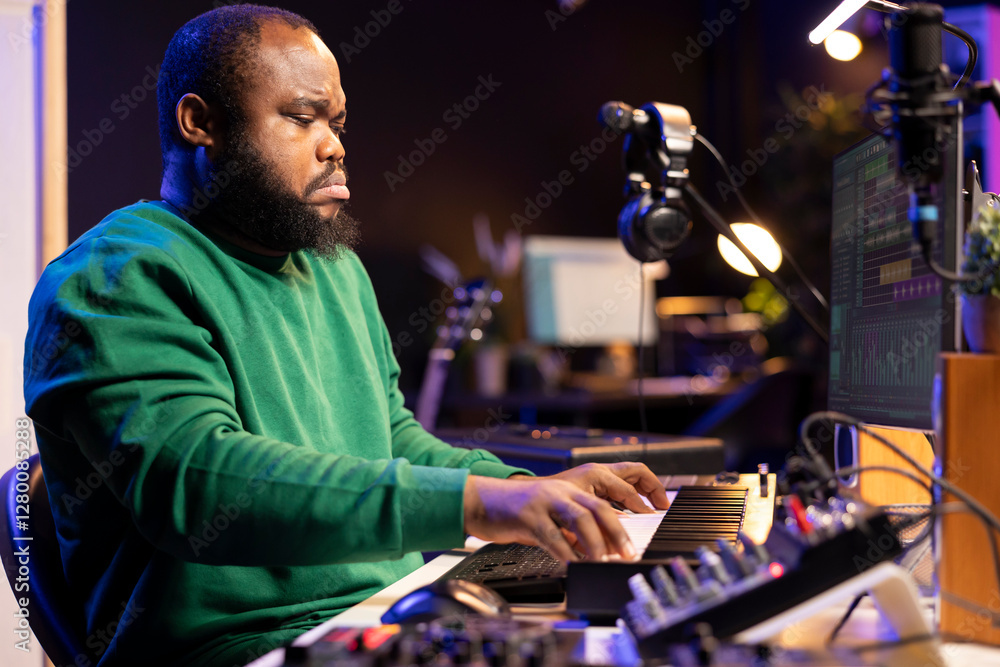 Poster african american audio technician using piano synthesizer keys to add audio effects in post producti