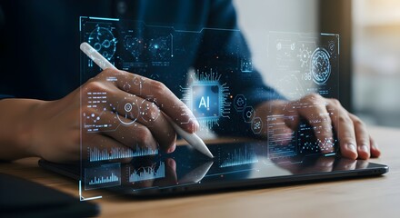 AI image creation technology. Person using digital pen and tablet to AI software to generate images, screen visual, AI Prompt, photo, creativity art picture, Image generated by artificial intelligence