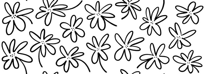 Seamless hand drawn floral pattern. Paint drawn flower motif background for fabric, cover, decor, textile print. Vector black and white blossom wallpaper. Repeating botanical brush stroke ornament.