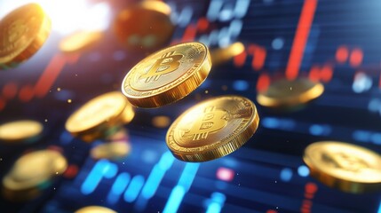 Floating golden cryptocurrency coins against a digital trading chart background with data analysis