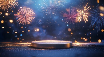 A circular platform on the ground, fireworks blooming in the sky, fireworks blooming against a dark background,