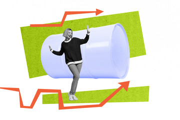 Composite image montage trend artwork collage of recruitment hr occupation oil barrel energy industry arrow point young lady stand smile