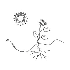 Singleline drawing of a sunflower, sun, roots, and growth