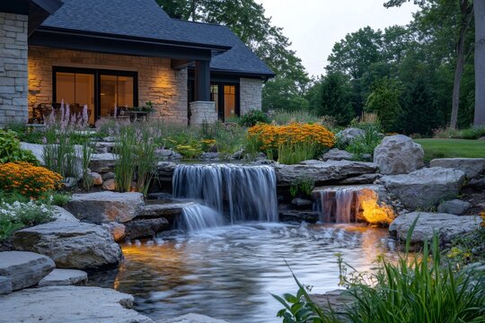 Illuminated waterfall cascading into a pond in a landscaped backyard at dusk