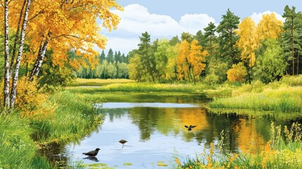 Serene autumnal pond reflected forest trees foliage in water nature landscape vivid countryside beauty peaceful outdoor harmony