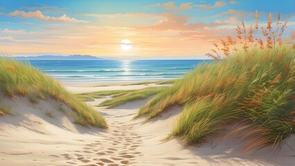 Bright Beach Grass on Calm Sand Dunes: A Harmony of Color and Nature Along the Coast