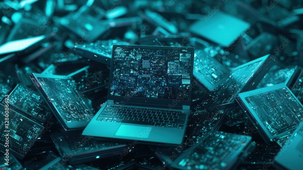 Poster futuristic computer technology concept with laptops and circuit boards in an abstract digital enviro