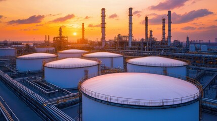 Sunrise Over Oil Storage Tanks at Industrial Refinery Site
