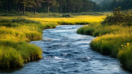 Small river flowing through a yellow wildflowers field