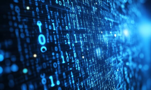 Abstract blue glowing binary code background with bokeh lights and a digital matrix pattern. 