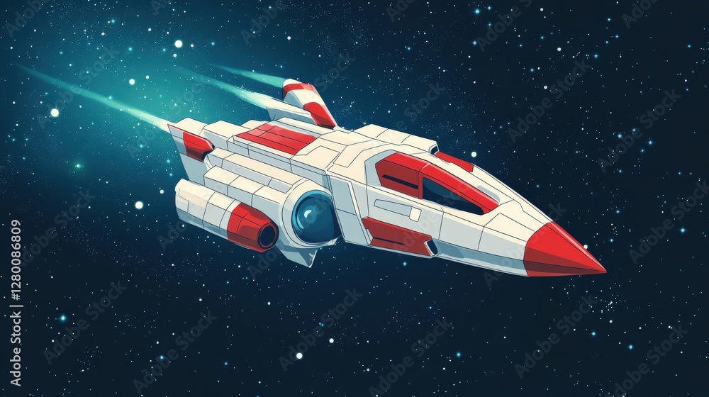Poster futuristic spaceship soaring through space with vibrant colors and starry background