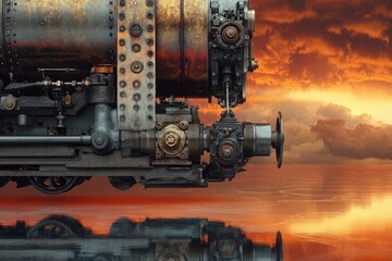 Fototapeta premium A rusty, aged steampunk train engine reflects on a fiery sunset, showcasing intricate details and a post-apocalyptic aesthetic.