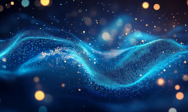 Abstract blue glowing binary code background with bokeh lights and a digital matrix pattern.