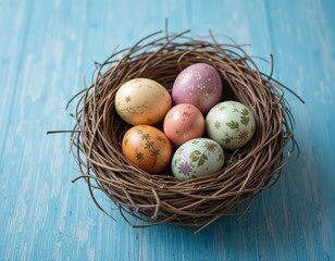 Obraz premium Colorful Easter Eggs Nestled in a Cozy Nest on a Solid Background