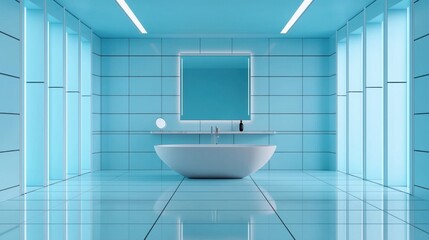 Modern minimalist bathroom design featuring a sleek freestanding bathtub and vibrant blue tiled walls with contemporary fixtures and ambient lighting
