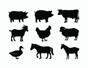 Simple and clear silhouettes of farm animals