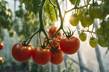 Close-up of fresh organic tomatoes growing in a greenhouse. Organic farming, agriculture