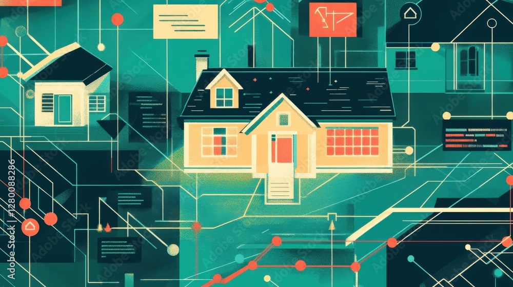 Poster digital illustration of a modern home surrounded by technology and data visualization elements