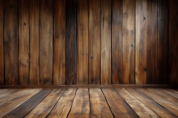 Dark brown wooden wall and floor background with copy space, 3D rendering, cinematic shot