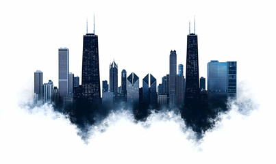 Fototapeta premium Chicago skyline at night, vibrant illuminated buildings reflecting urban energy, contrasting dark sky with glowing architectural silhouettes.