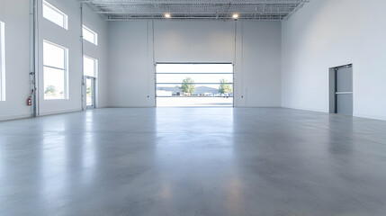 Empty warehouse interior, large door open, showing distant landscape; real estate listing