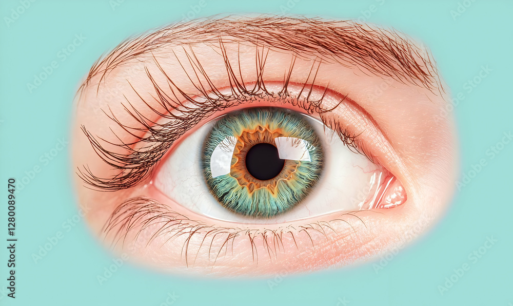 Poster intricate iris, a close-up view showcasing the vibrant patterns and textures of a human eye, reveali