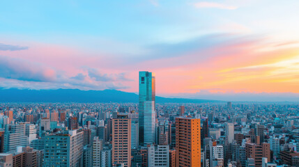 Naklejka premium Environmental crisis. Vibrant city skyline at sunset with colorful clouds and tall buildings.