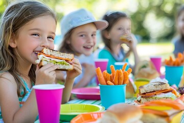 A group of kids enjoy a fun lunch with sandwiches, carrot sticks, and yogurt. The picnic table is set with bright plates