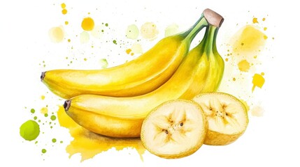 Vibrant Watercolor Painting of Ripe Yellow Bananas with Slices and Yellow Splashes