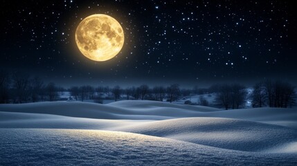 Fototapeta premium Enchanting full moon illuminating a serene snowy landscape under a starlit night winter wonderland magical ambience beautiful scenic