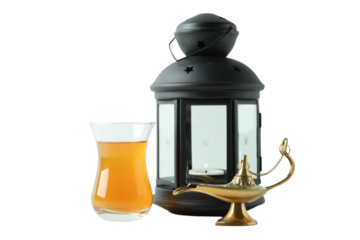 PNG, Ramadan. Black lamp in Moroccan style, with traditional food, isolated on white background.