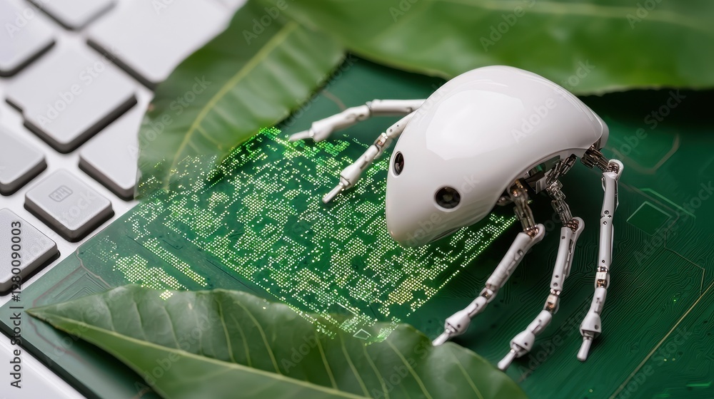 Poster a small robotic creature with a white shell explores a green circuit board among leaves, blending te
