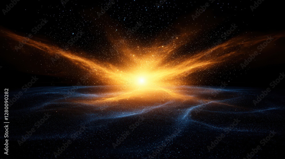 Poster a vibrant explosion of light in a dark cosmic space, representing energy and the vastness of the uni