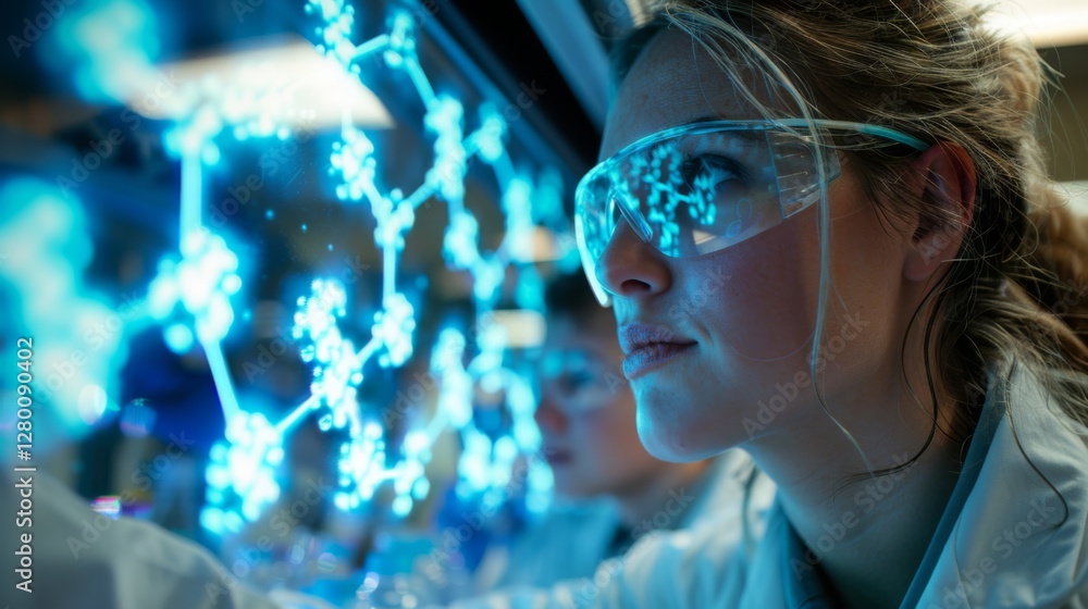 Poster Two scientists in white lab coats focus on glowing blue molecular structures displayed in a laboratory, working late on advanced research and analysis.