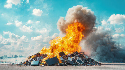 Environmental crisis. Fire consuming a pile of electronic waste under a blue sky.