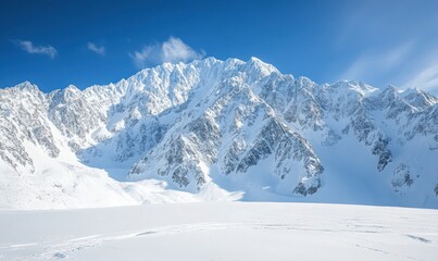 Fototapeta premium Snow Capped Mountain Range Under Blue Sky a Winter Wonderland Landscape
