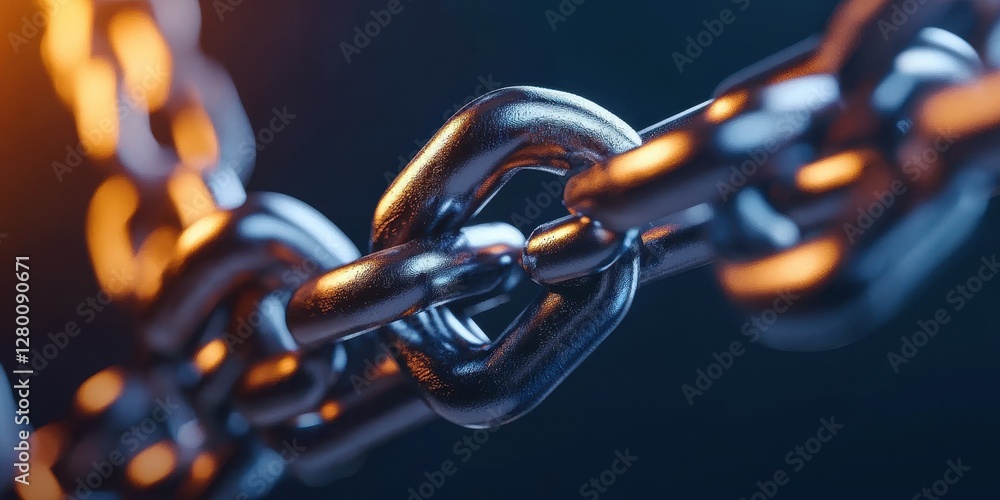 Poster a close-up view of a metal chain link, showcasing its shiny surface and intricate details against a 
