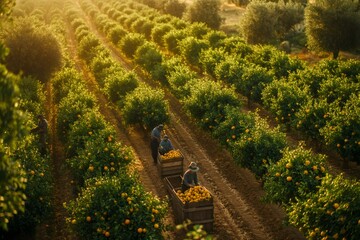 Farmers harvesting oranges in orchard during golden hour