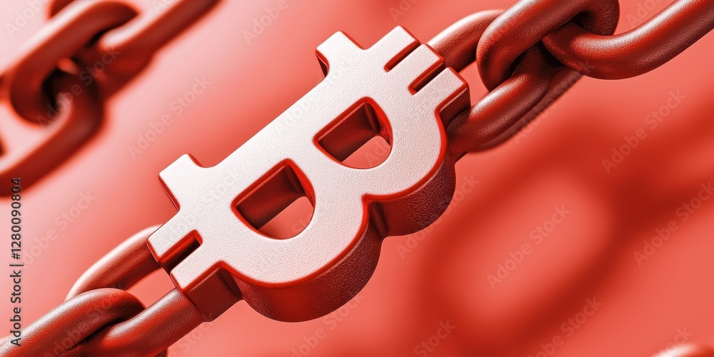 Poster a close-up of a red chain featuring a bitcoin symbol, representing cryptocurrency, security, and blo
