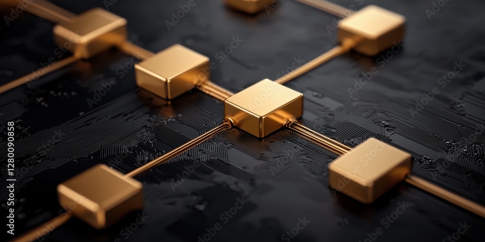 Poster A close-up image of golden blocks interconnected with lines, set against a dark textured background, emphasizing a modern and sleek design.