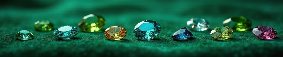 Sparkling gemstones on a dark blue and green velvet surface, luxurious, green