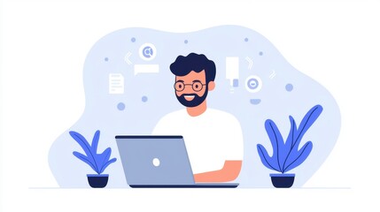 Friendly man working on laptop in modern home office surrounded by plants, showcasing remote work, productivity, and digital communication concepts