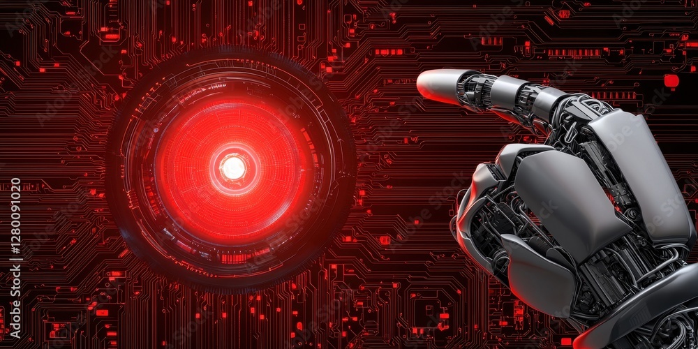 Poster A robotic hand points towards a glowing red light, set against a dark, circuit-like background, symbolizing advanced technology and artificial intelligence.