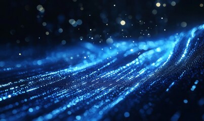 Fototapeta premium Blue digital binary code background with glowing lights and bokeh effect, creating an atmosphere of futuristic technology and data science.