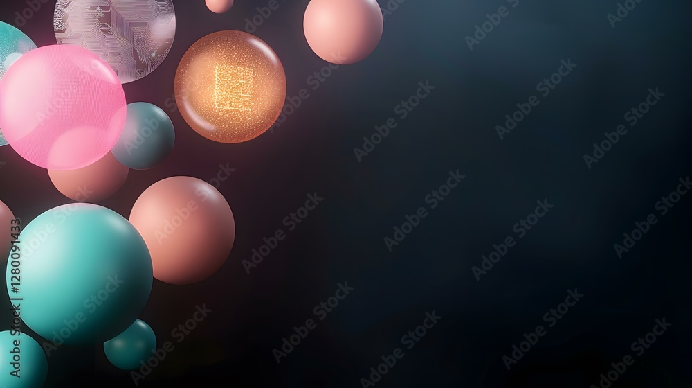 Poster the image contains several translucent and opaque spheres of varying sizes and colors, primarily pin