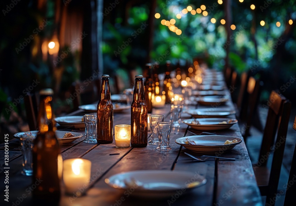 Poster evening outdoor dinner setup with glowing candles and bottles on rustic wooden table surrounded by g
