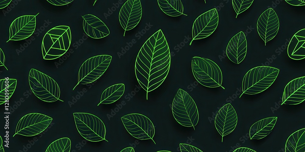Poster a vibrant pattern of green leaves on a dark background, showcasing various shapes and textures, perf