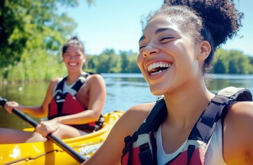 Obraz premium Two Women Laughing and Enjoying Kayaking on a Beautiful Sunny Day in a Scenic Natural Landscape by the Water
