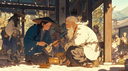 Young Apprentice Assists Elderly Master In Ancient Ceremony
