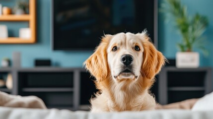 Adorable golden retriever dog sitting on a couch in a cozy living room with modern decor and soft lighting, showcasing its friendly expression and fluffy fur